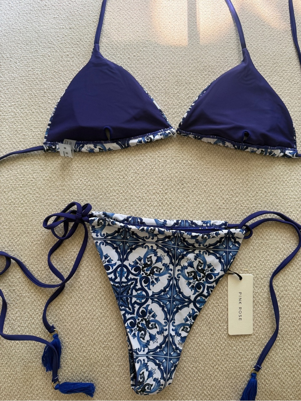 Pink Rose Blue & White Tile Print Bikini Set - Picture 4 of 6